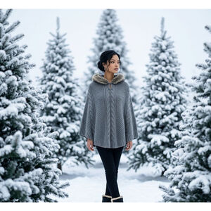 Eddie Bauer Gray Cable "Fable" Knit Lambs Wool Blend Poncho Faux Fur Hood M/L